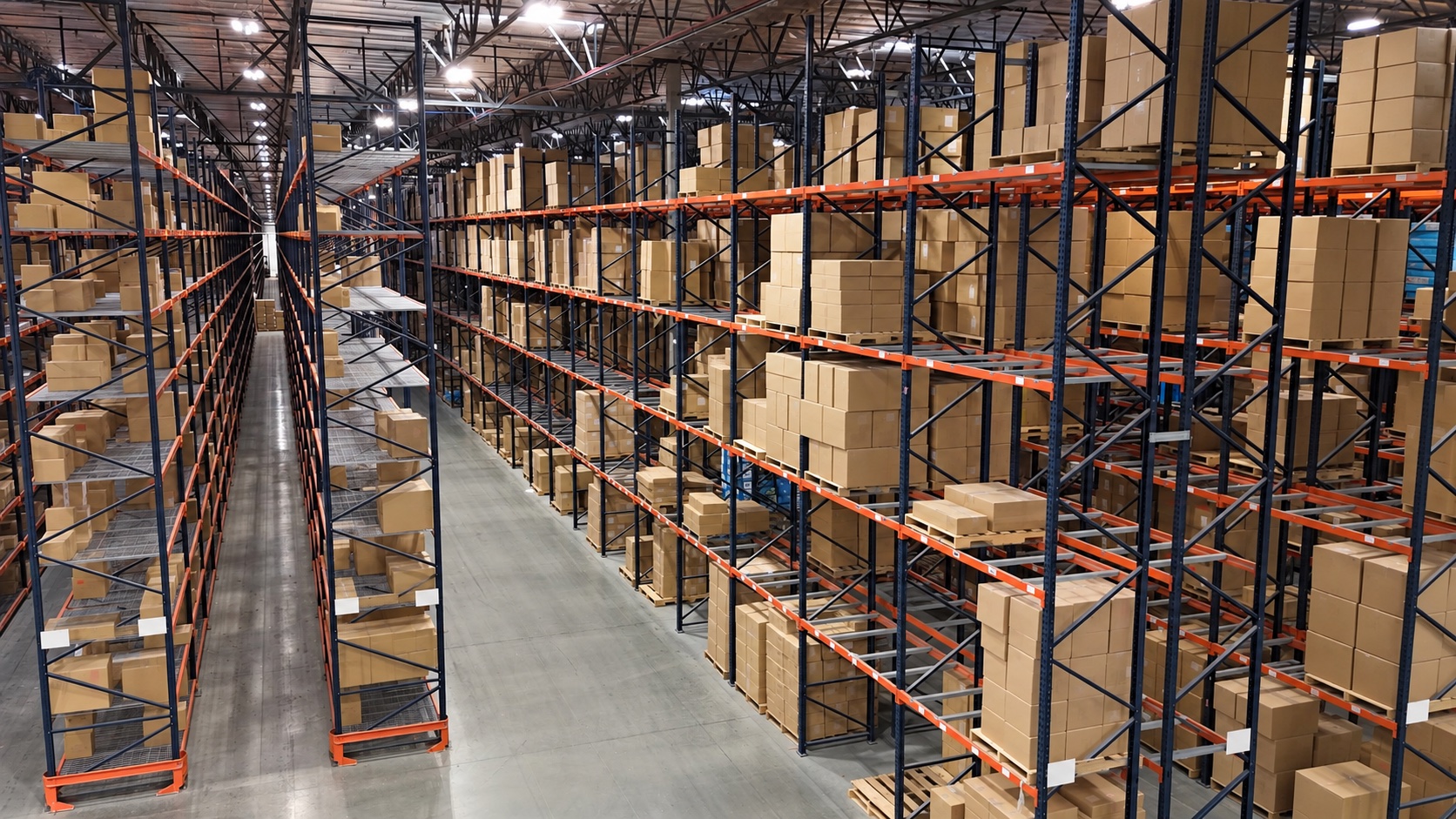 Elevated view across long rows of high-bay warehouse racking